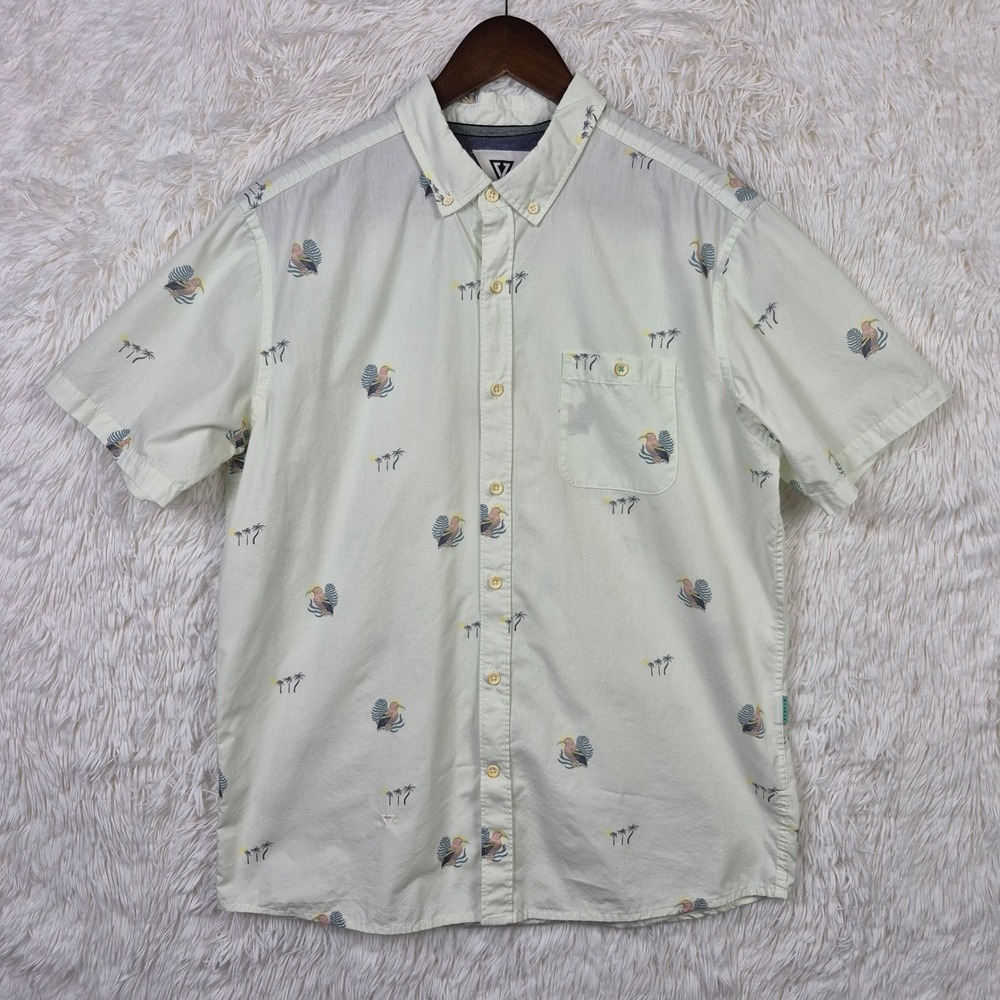 Vissla Mens Large Short Sleeve Button Down Shirt Tropical Palm Bird Print Cream